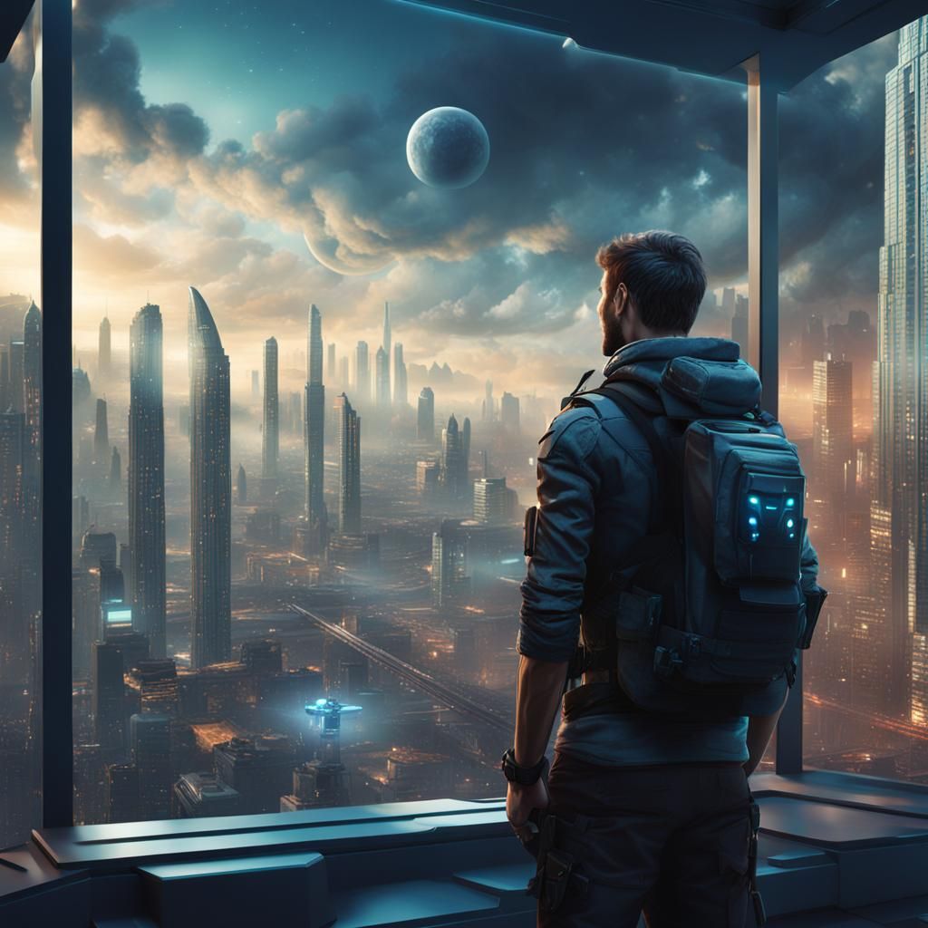 Futuristic City Window View in Detailed Matte Style