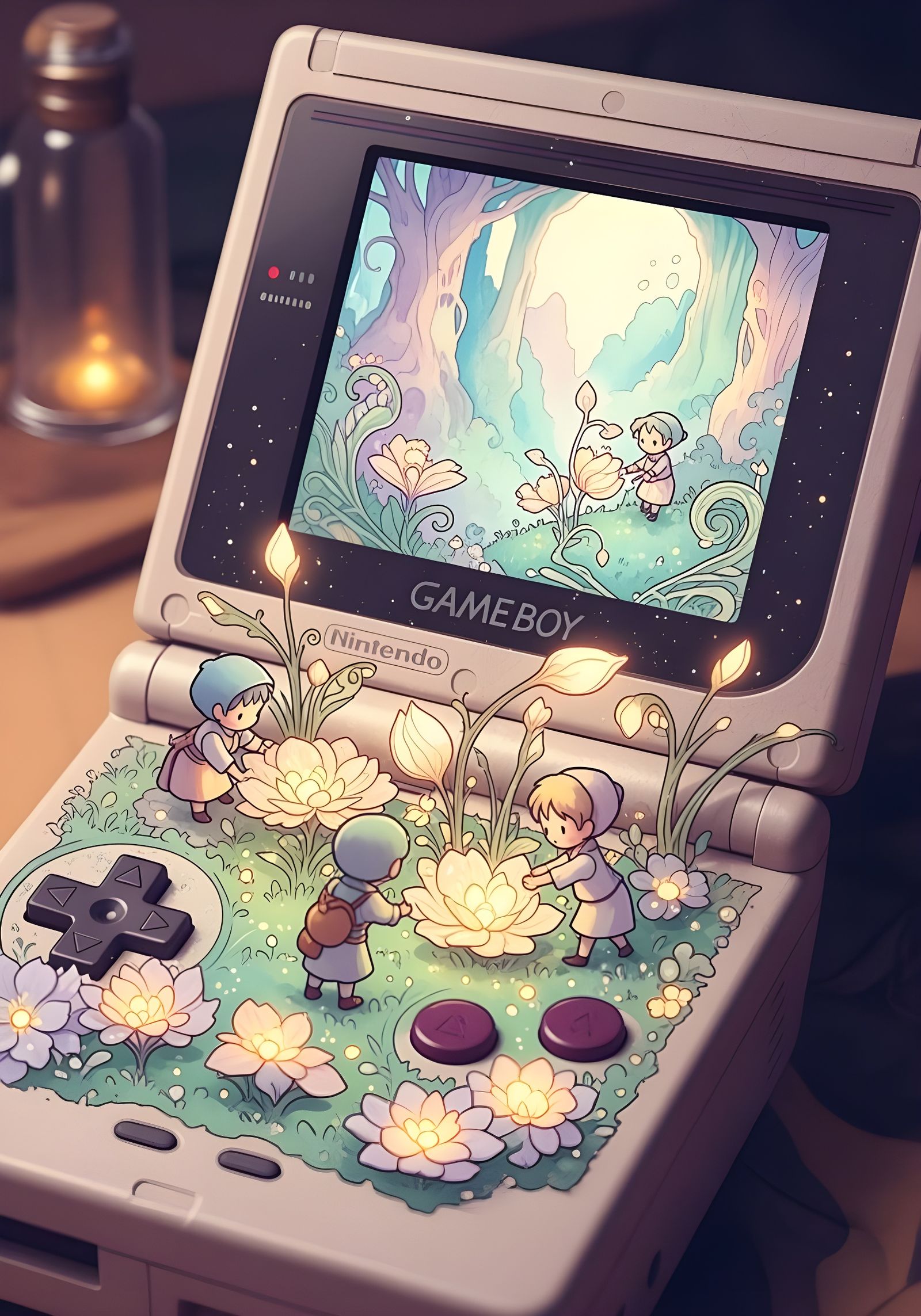 Whimsical Gameboy World with Chibi Figures & Glowing Flora