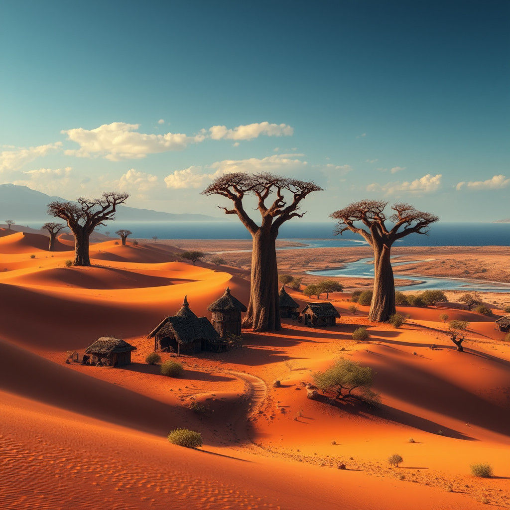 Himba Village in Desert Dunes with Baobabs