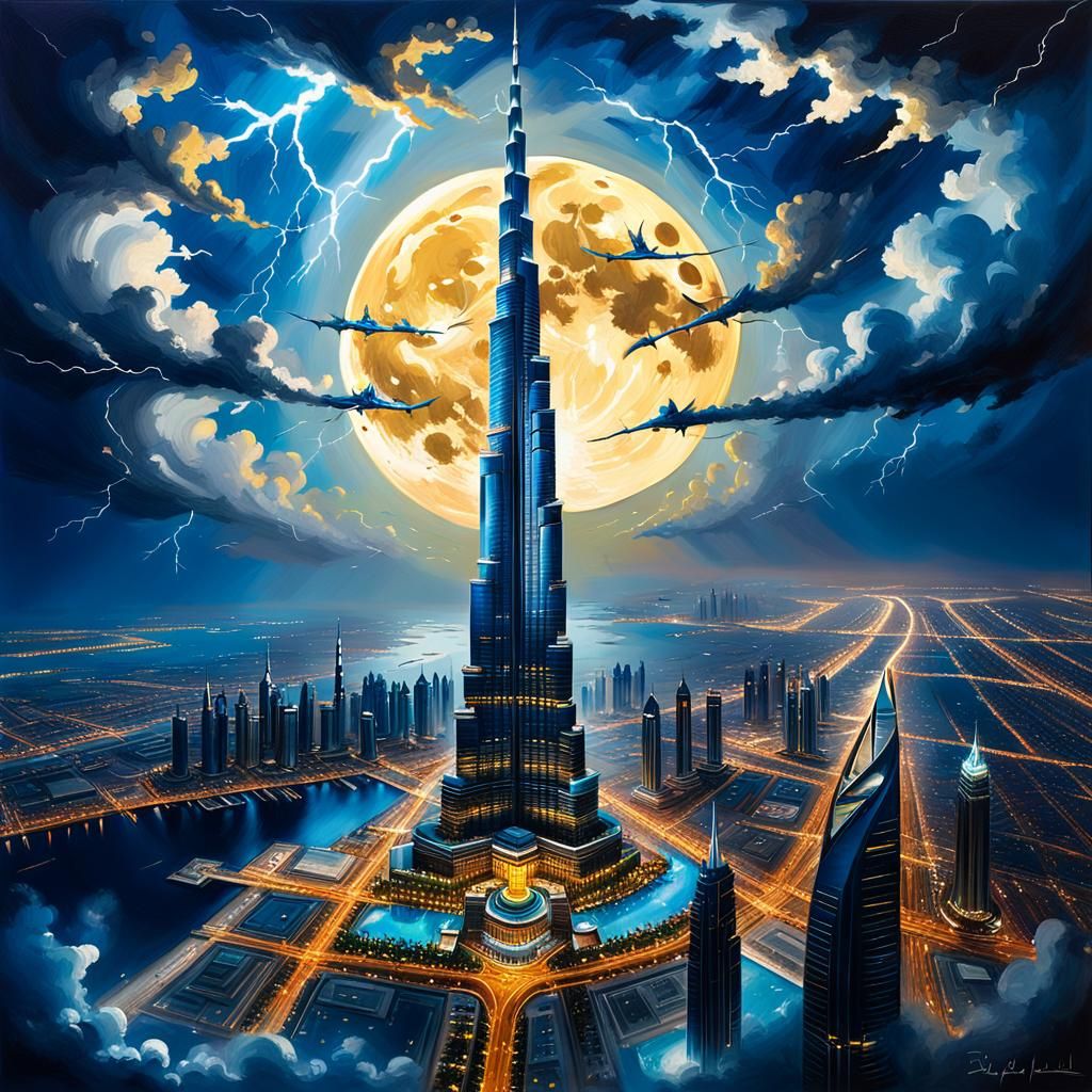 Burj Khalifa in Radiant Night Cityscape Painting