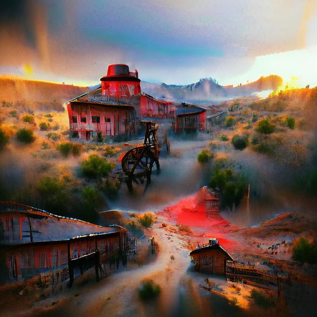 Misty Mountain Mining Town in Gouache Style