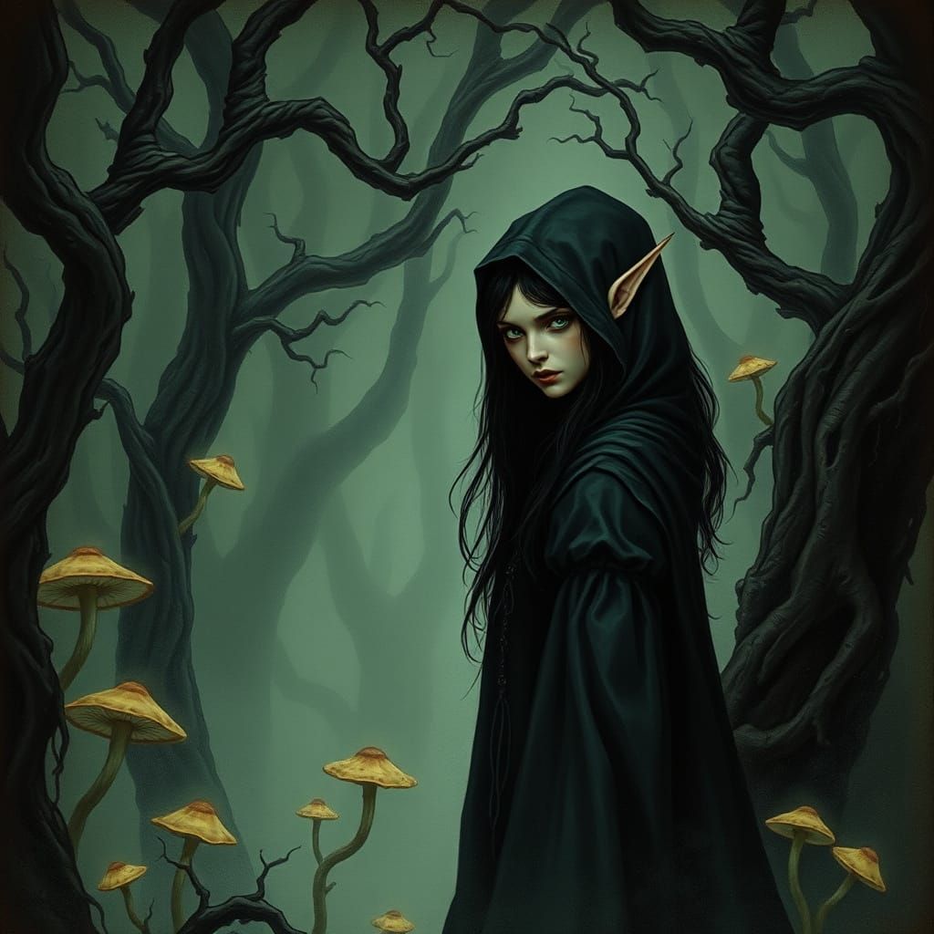 Dark Female Elf Amidst Twisted Forest Landscapes