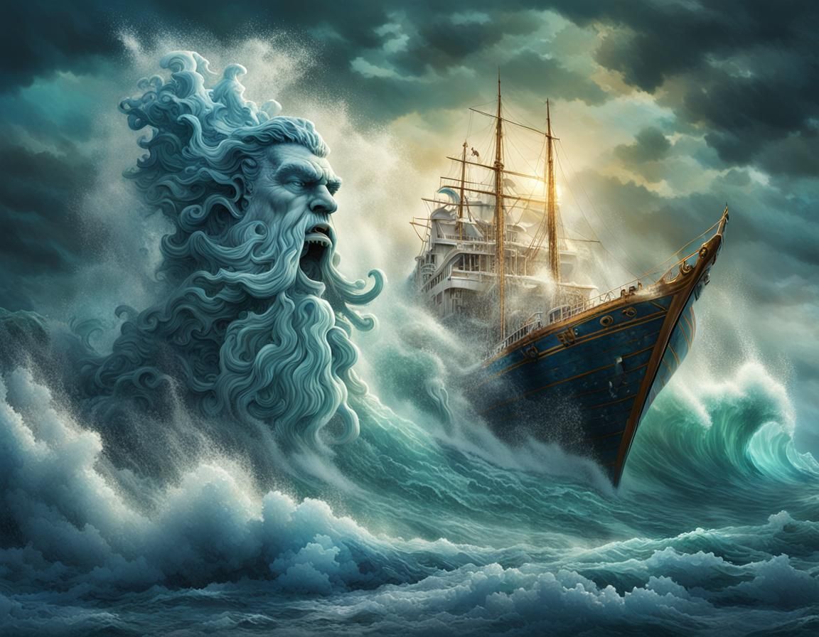 Surreal Hyper-Realistic Poseidon Rises from Ocean in Dramati...