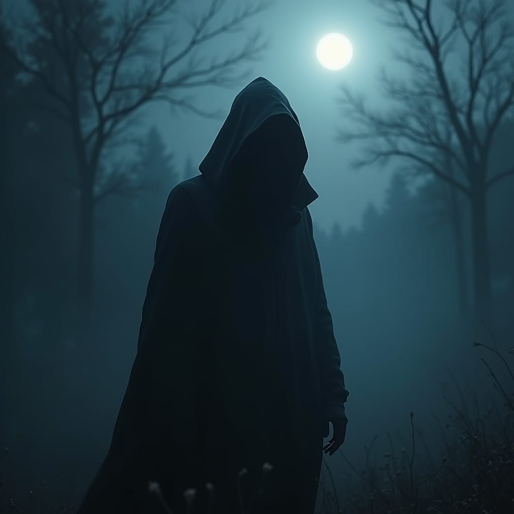 Mysterious Hooded Figure Emerging from Shadowy Darkness