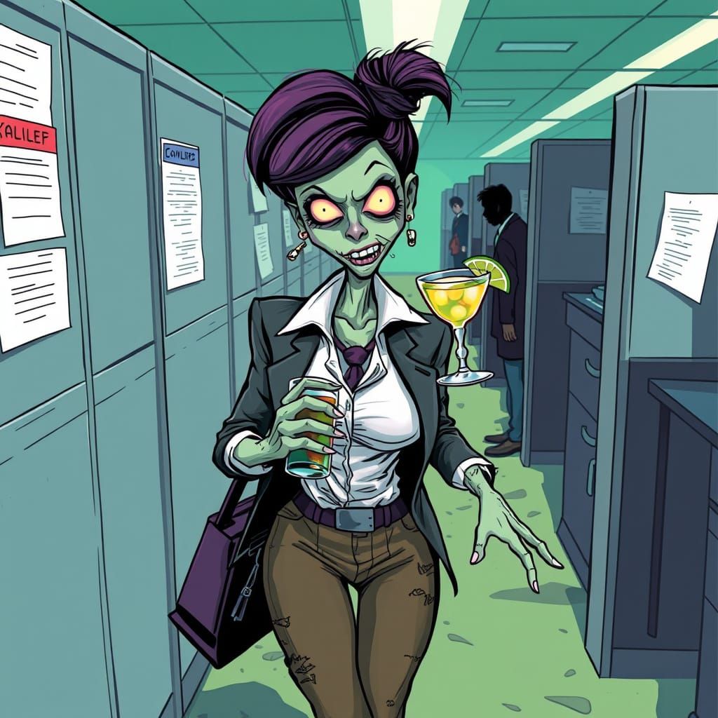 Cartoon Zombie Office Worker with Margarita