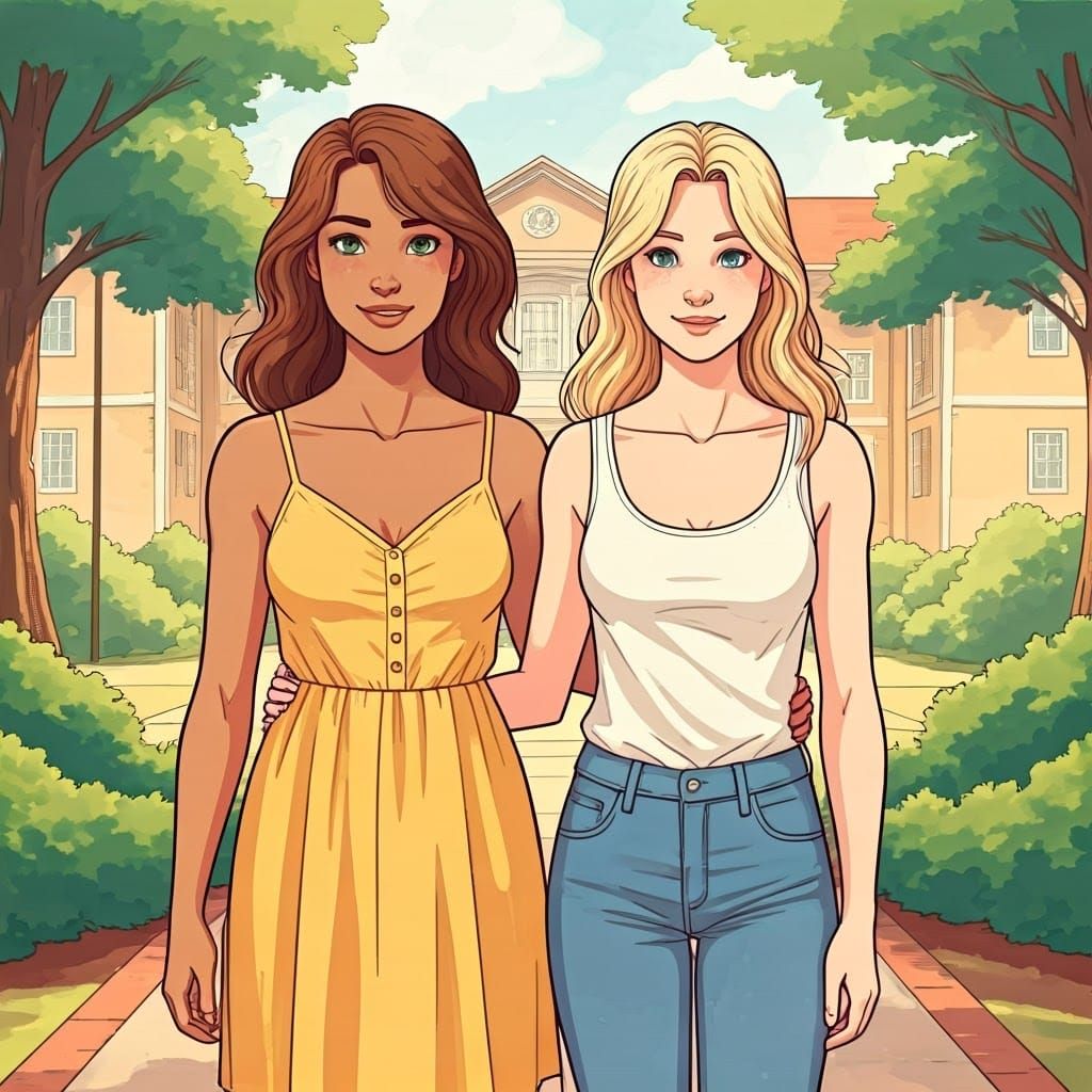 Best Friends in Whimsical Watercolor Ink Drawing