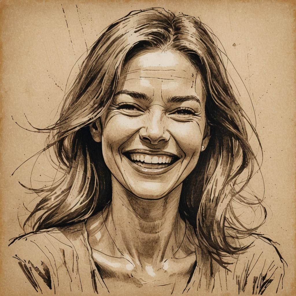 Laughing Woman: Sepia Pen and Ink Portrait