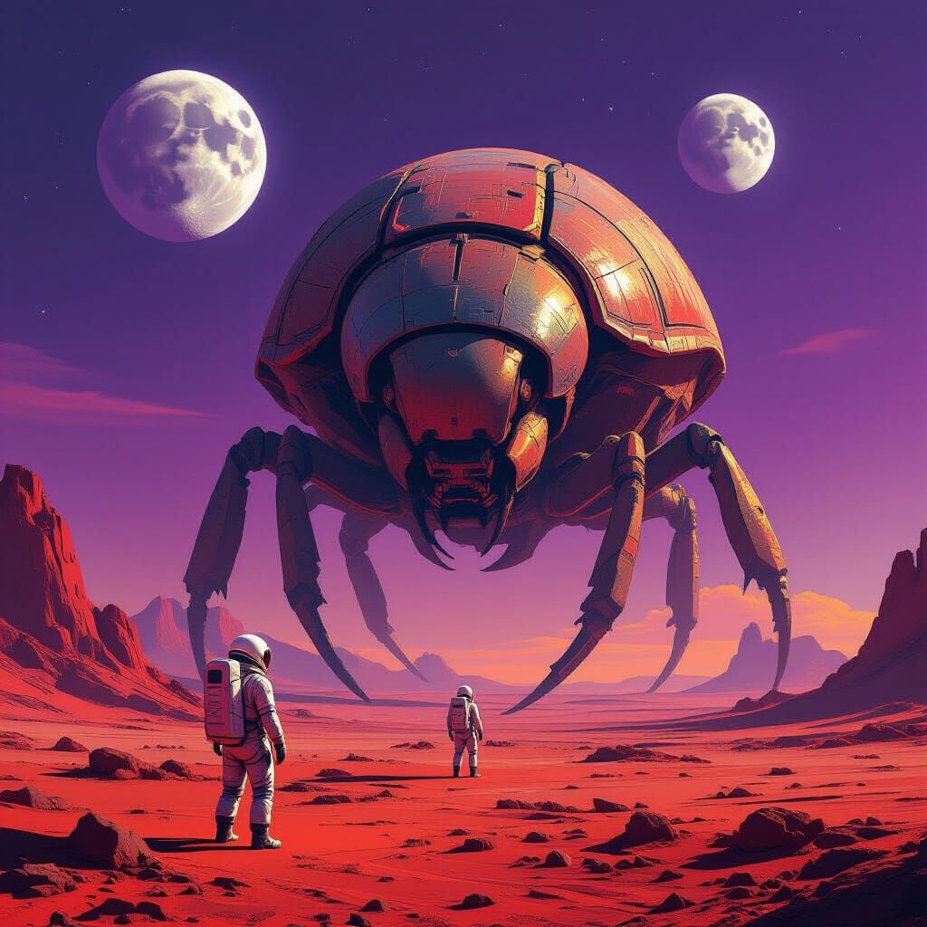 Astronaut Gazes at Giant Alien Beetle Structure