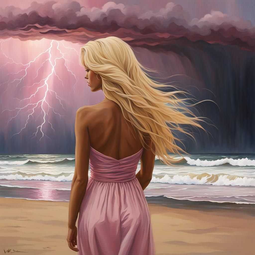 Woman Gazing at Stormy Ocean with Pink and Yellow Hues
