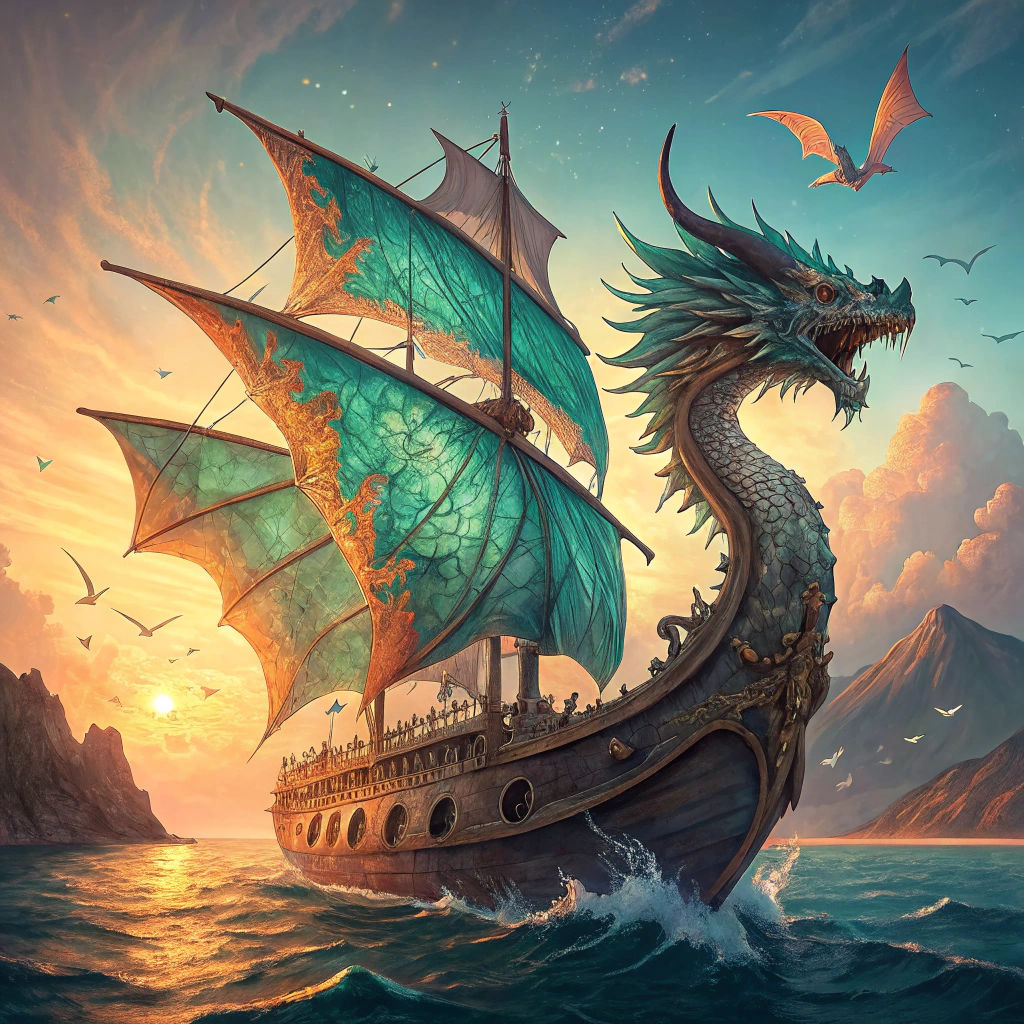 Majestic Dragon Ship with Wing Sails, Fantasy Art