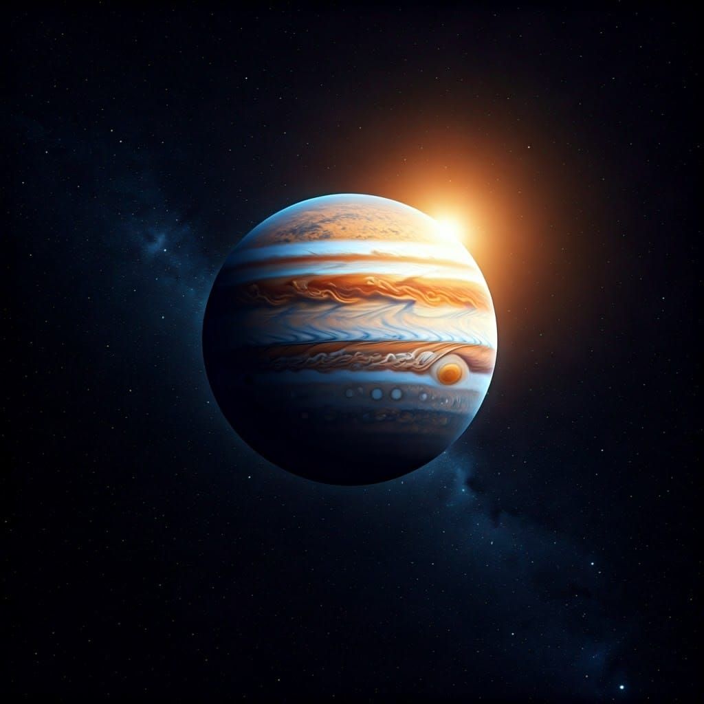 Surreal Jupiter Illuminated by Radiant Sunlight in Deep Spac...
