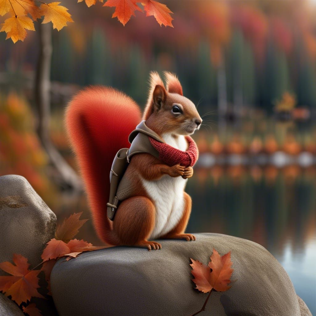 Red Squirrel in Hat and Vest by Autumn Lake