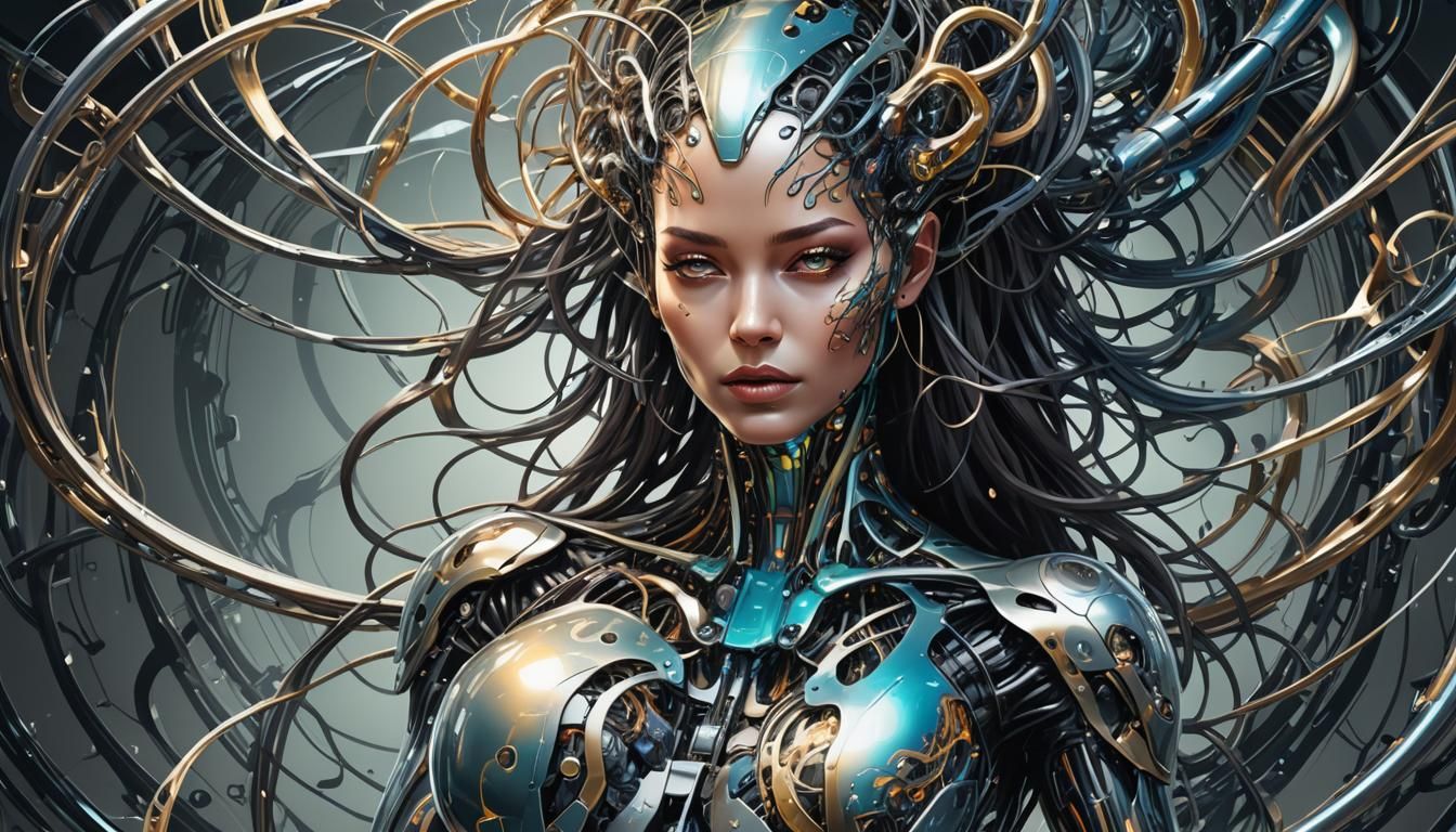 Symbiotic Cyber Woman in a Futuristic Cityscape