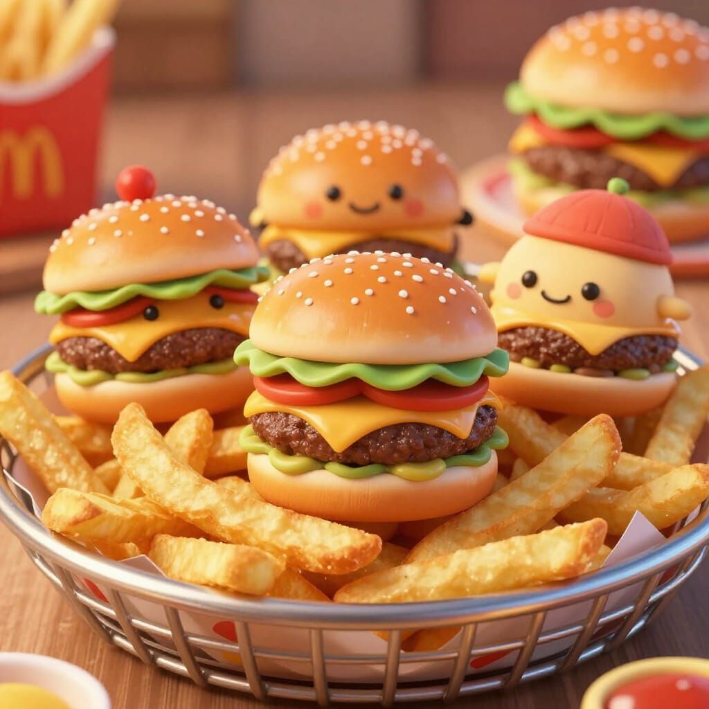Whimsical Burger Hats on Crispy Fries in CGI Style