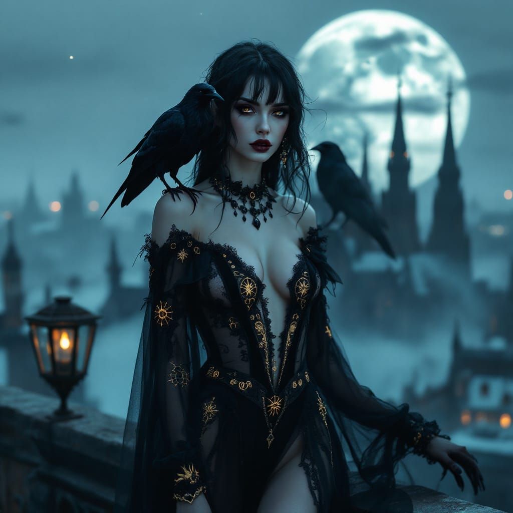 Gothic Model with Raven on Cathedral Rooftop