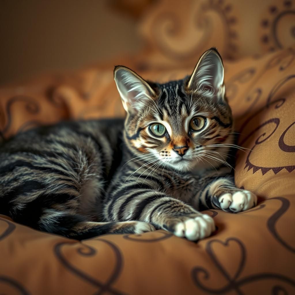 Tabby Cat Lounging on Plush Bed in Art Nouveau Style
