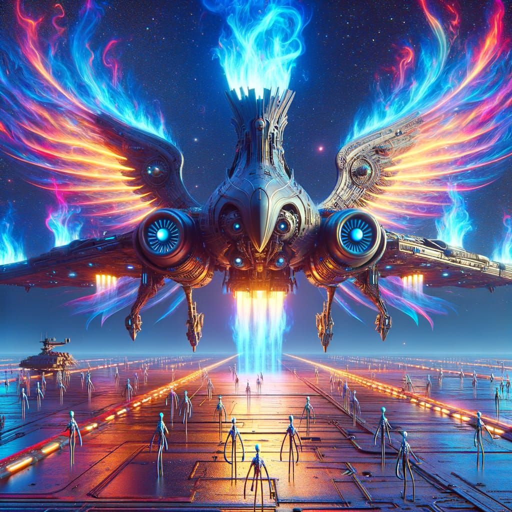 Sci-Fi Spaceship with Eagle Wings on Lava Tarmac