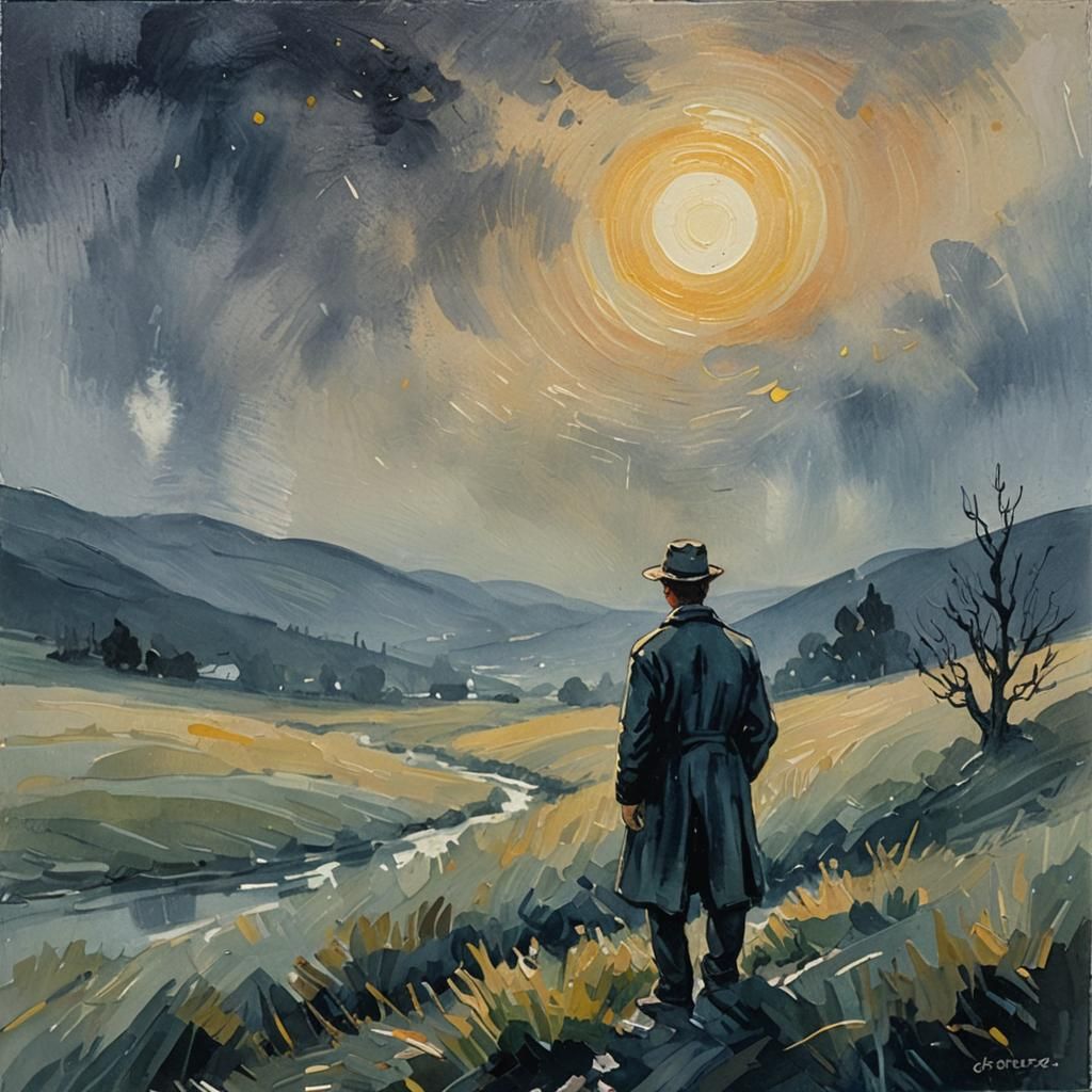 Misty Moonlit Figure in Impressionist Gouache Painting