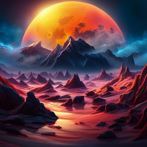 Photons Escape Galaxy with Red Moon: Digital Matte Painting