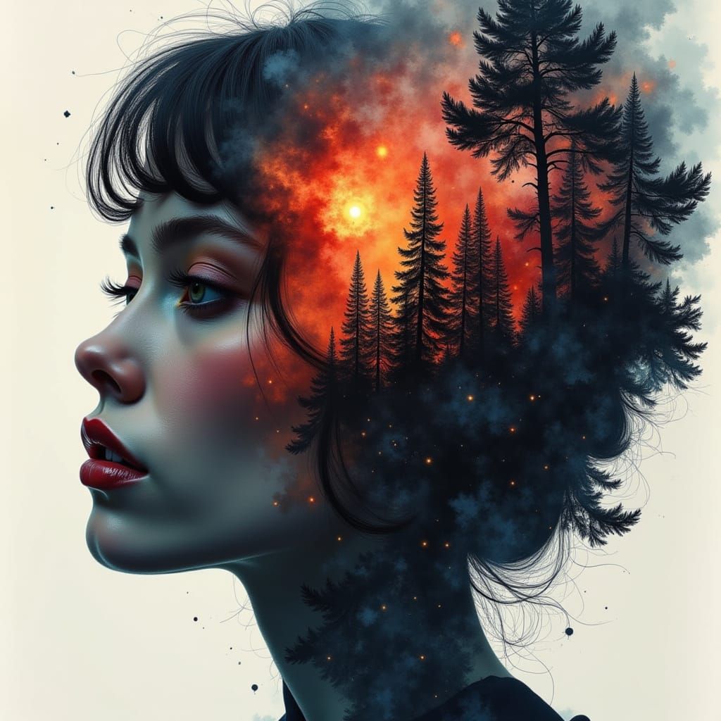 Galaxy Drips into Cityscape Silhouette Japanese Princess Hea...