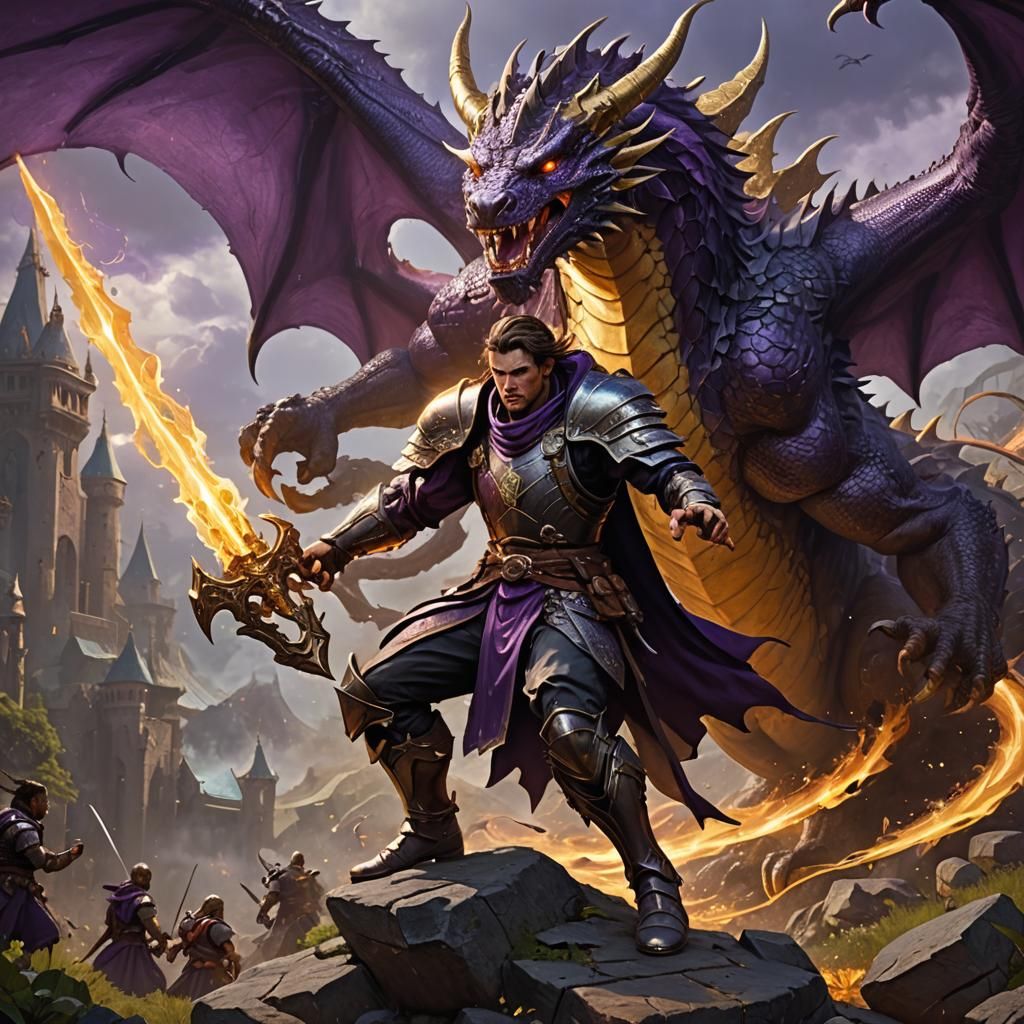 Fantasy Warrior Battles Dragon in Dark Art Style