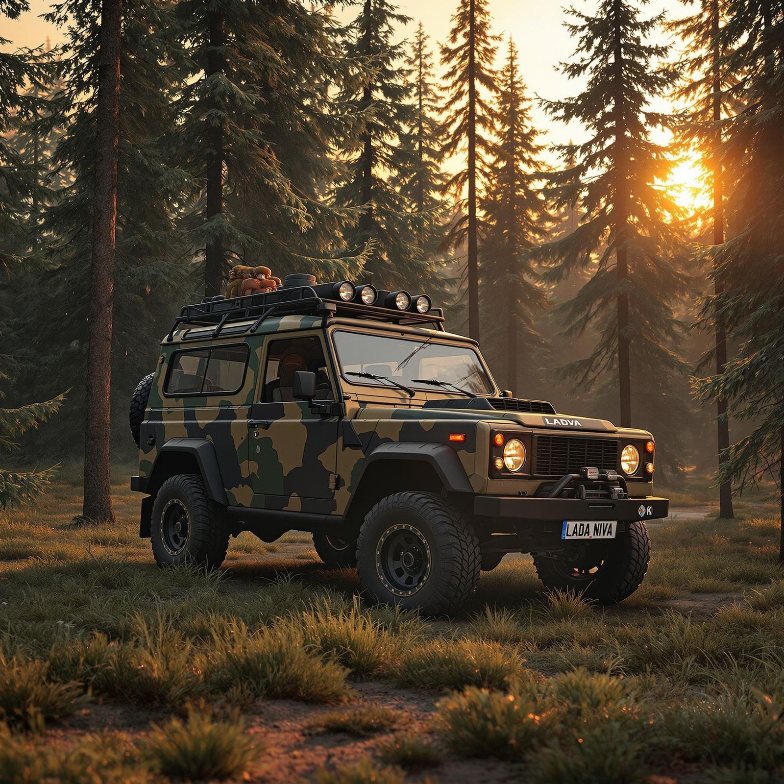 Lada Niva in Camouflage, Sunset in Coniferous Forest