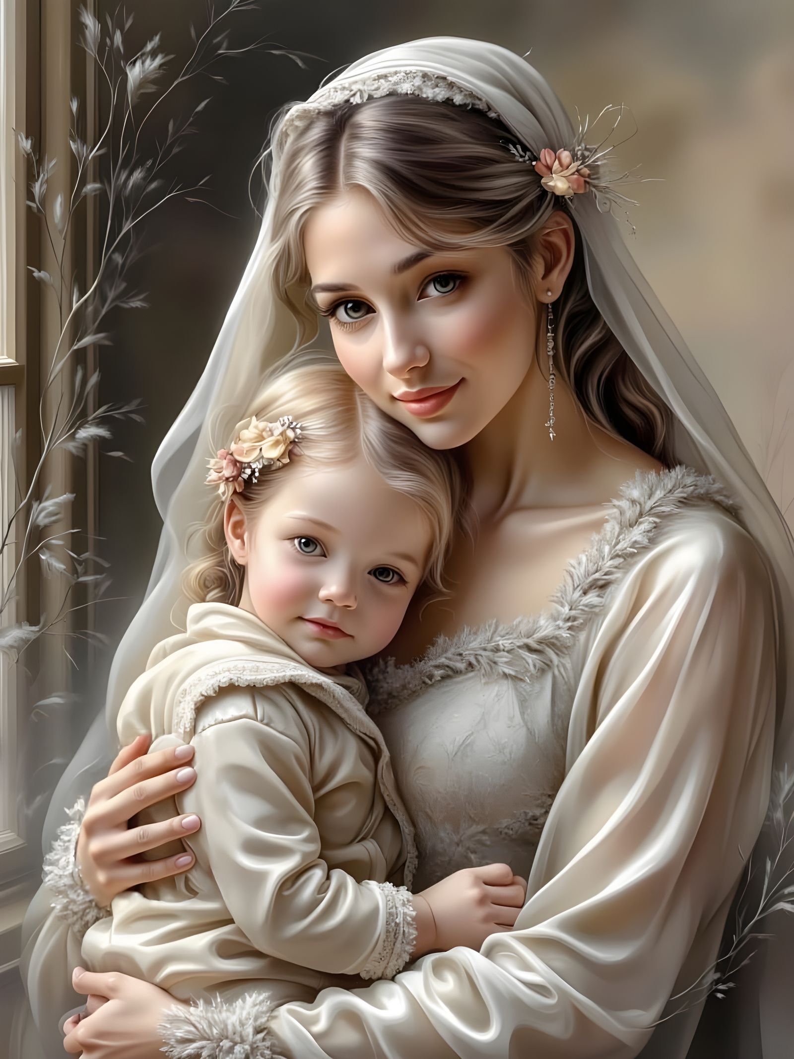 Mother and Child in a Soft Winter Landscape