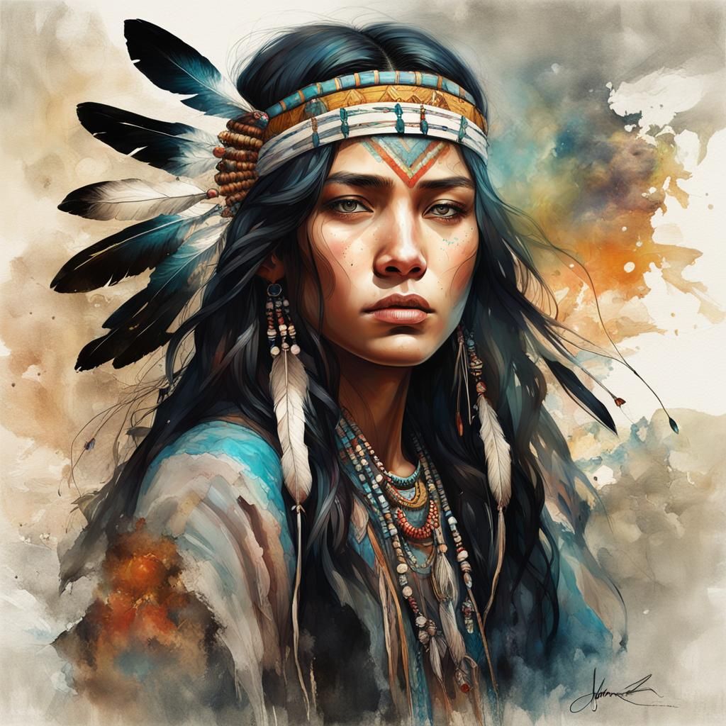 Stunning fine Portrait of a beautiful American Indian with long wavy black hair