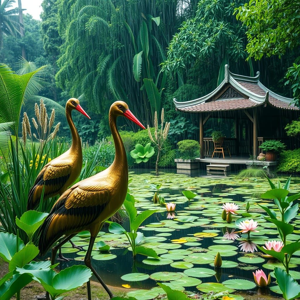 Asian Garden Cranes in a Rainy Oasis