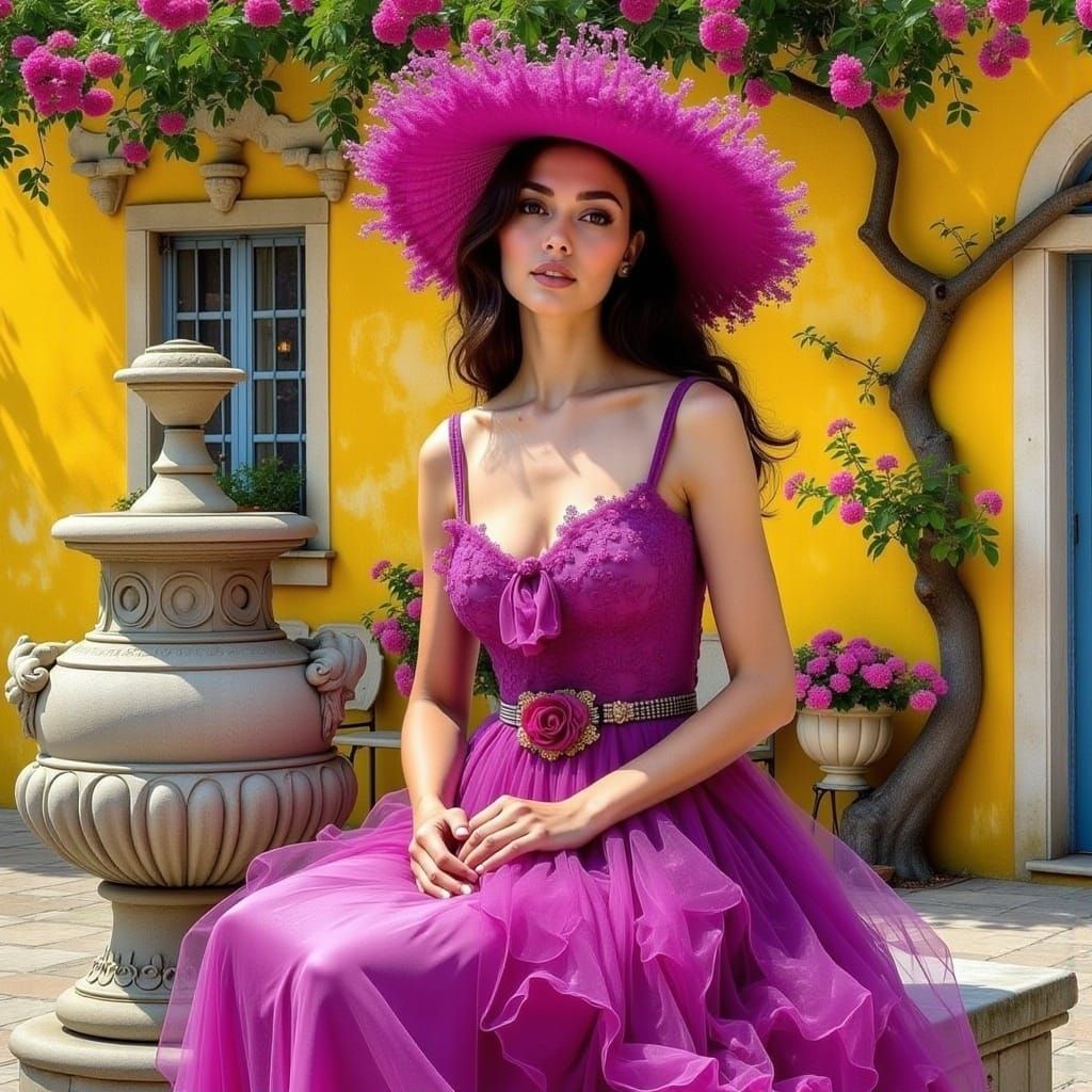 Woman in Magenta Dress in Mediterranean Town