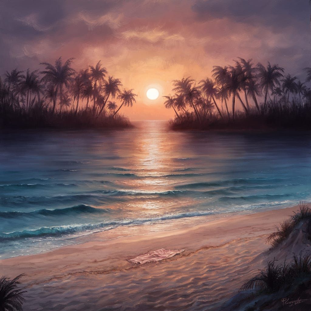 Sunset Beach Scene Painting with Palm Silhouettes
