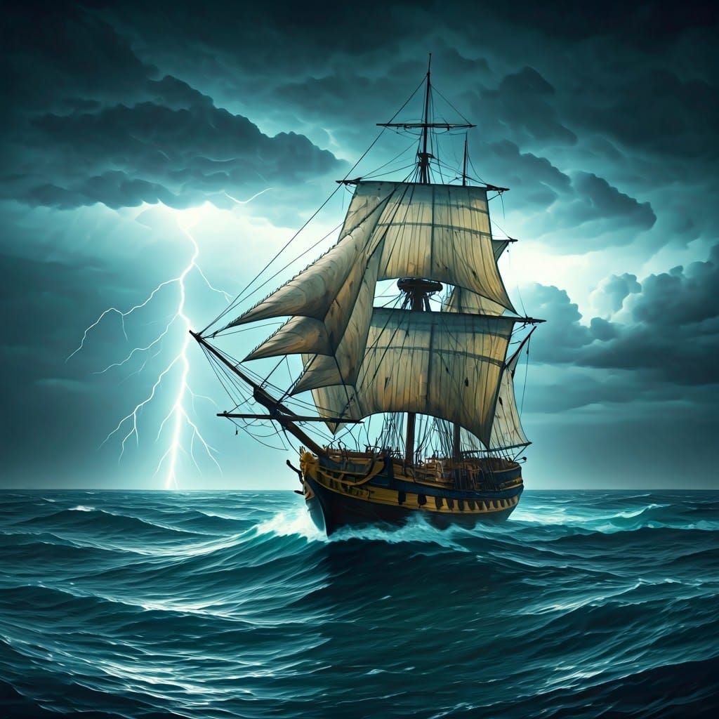 Ancient Galleon Rides the Tempest in Neo-Impressionist Style