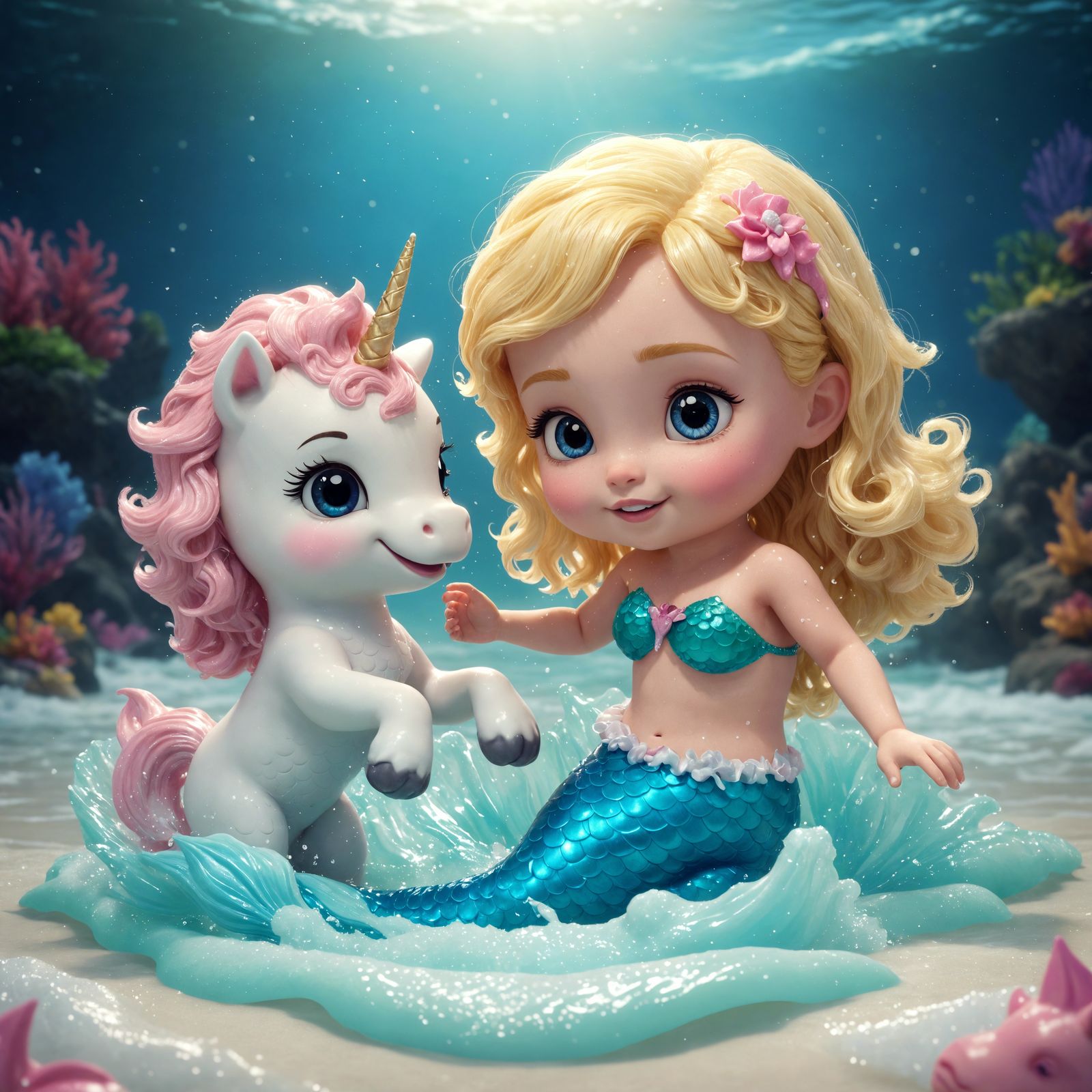 A sweet blonde haired mermaid girl and her baby unicorn frie...