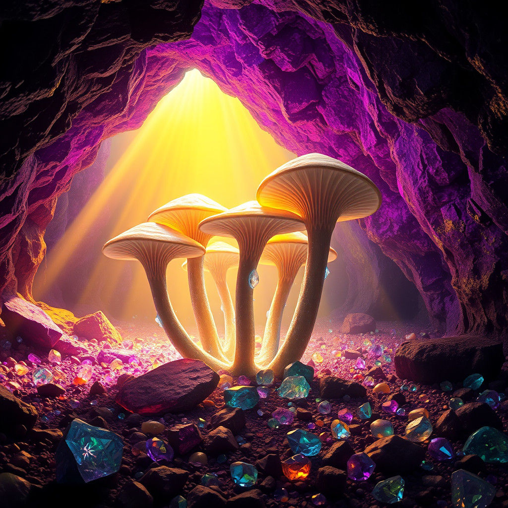 Bioluminescent Fungi in Gemstone Cave, Art Nouveau Style