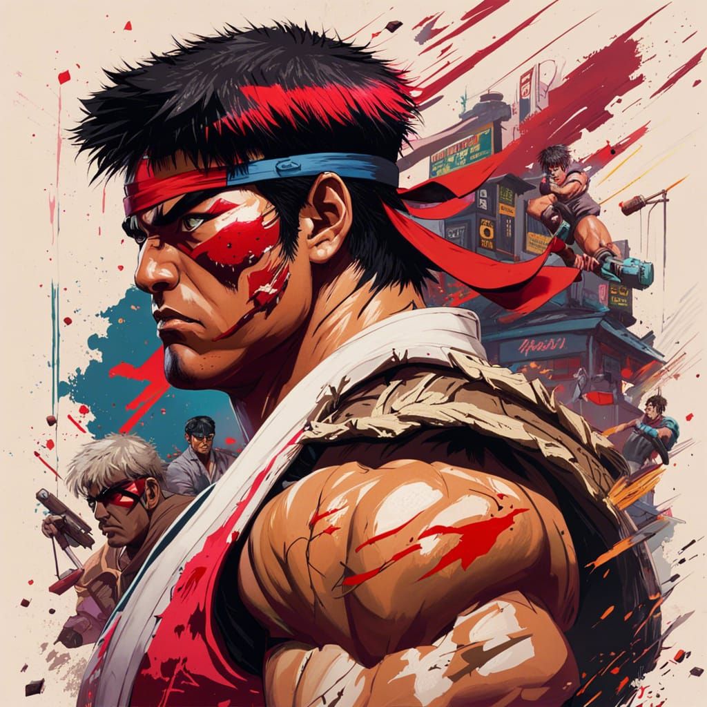 Hyperrealistic 1987 Streetfighter Ryu Portrait in Arcadepunk...