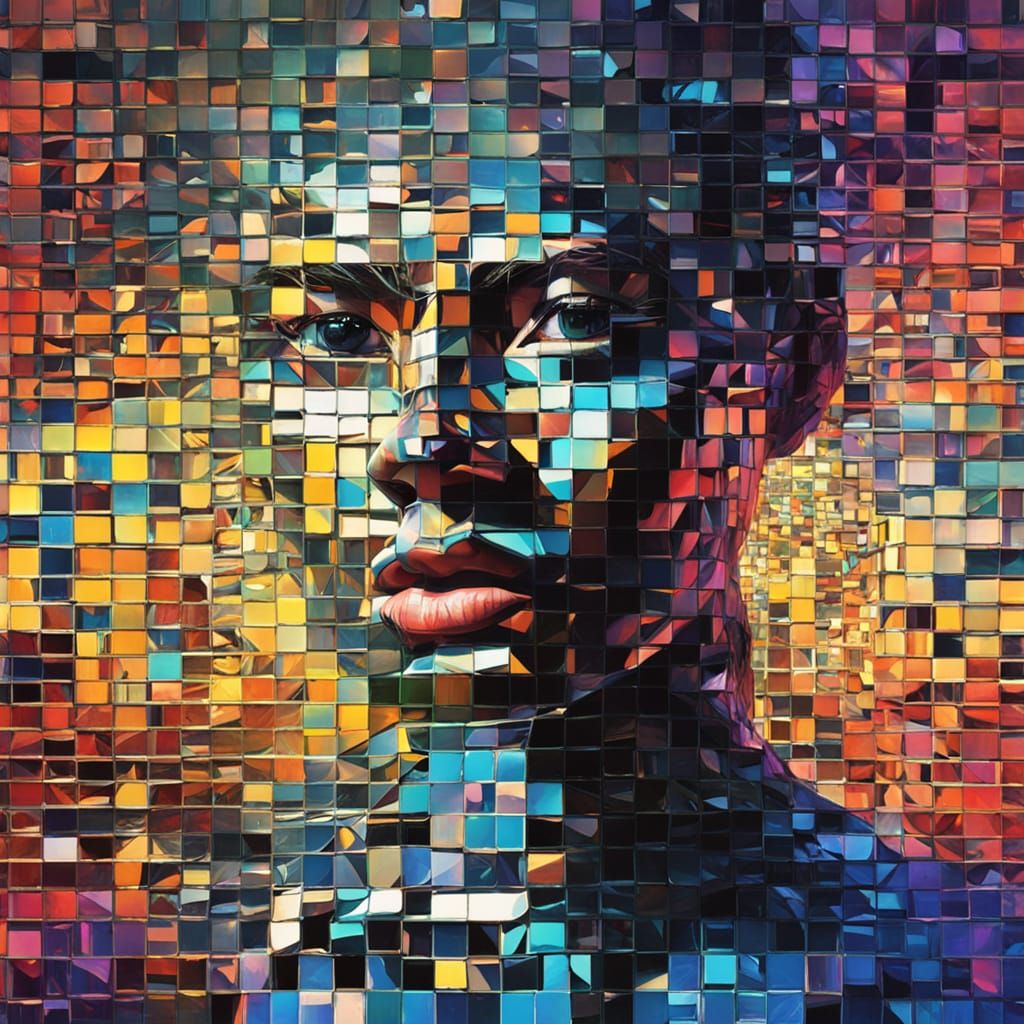 Glitched Portrait Mosaic Reflecting Neon Emotions