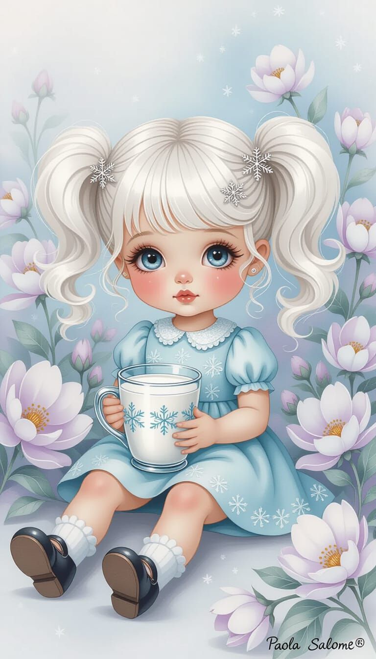 Doll-like Girl with White Hair in Watercolor Style