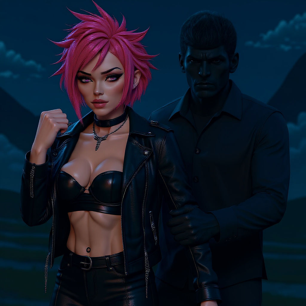 Woman with Pink Hair in Neon Cityscape