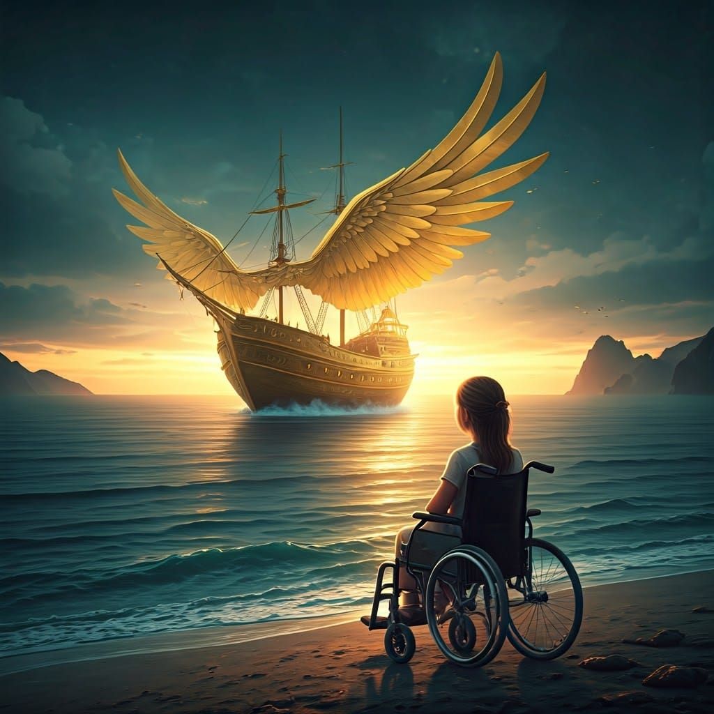 Girl in Wheelchair Watches Golden Ship: Fantasy Art