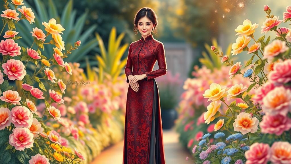 Elegant Asian Woman in Ao Dai, Botanical Garden Illustration