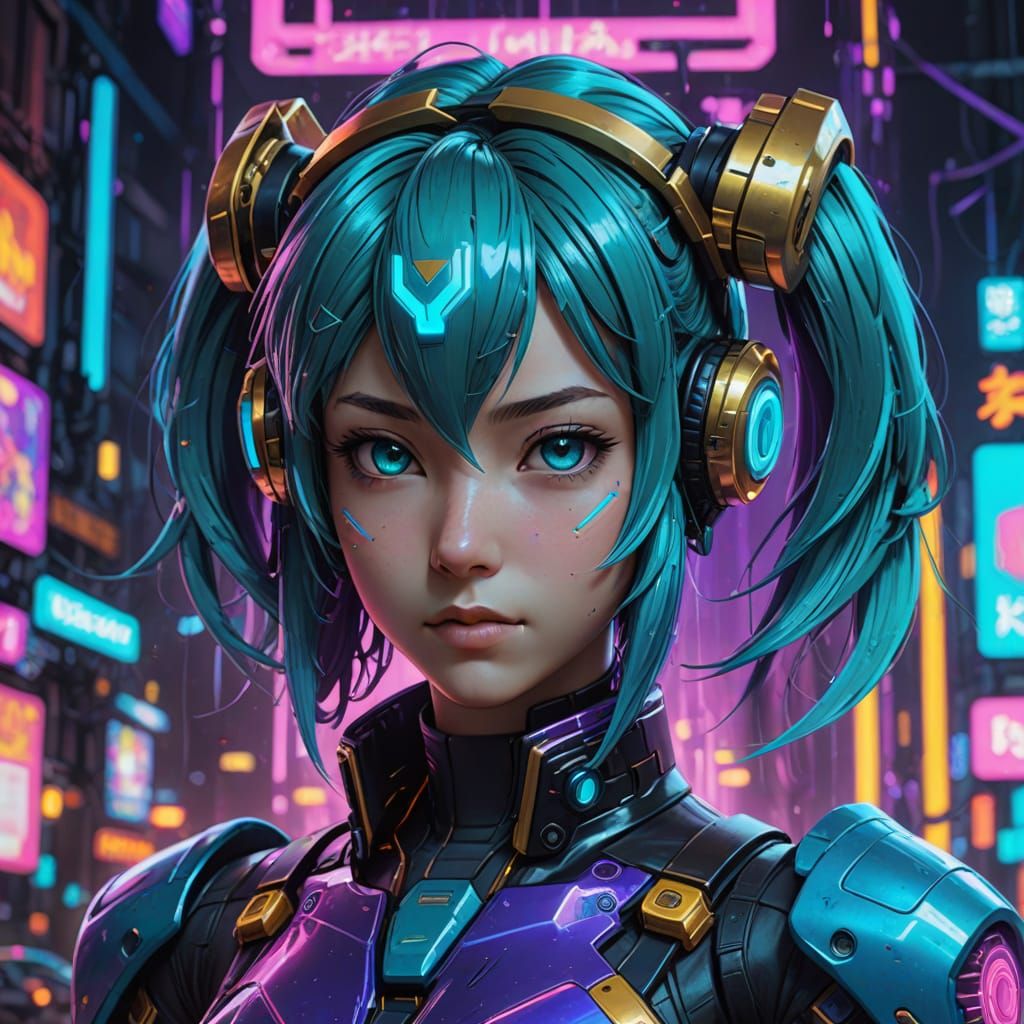 Cyberpunk Hatsune Miku MegaMan Portrait in Vibrant Neon Ligh...