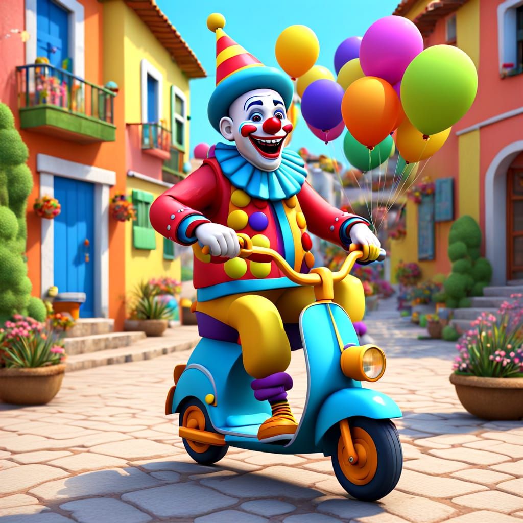 Vibrant Village Scene with a Joyful Clown on a Colorful Scoo...