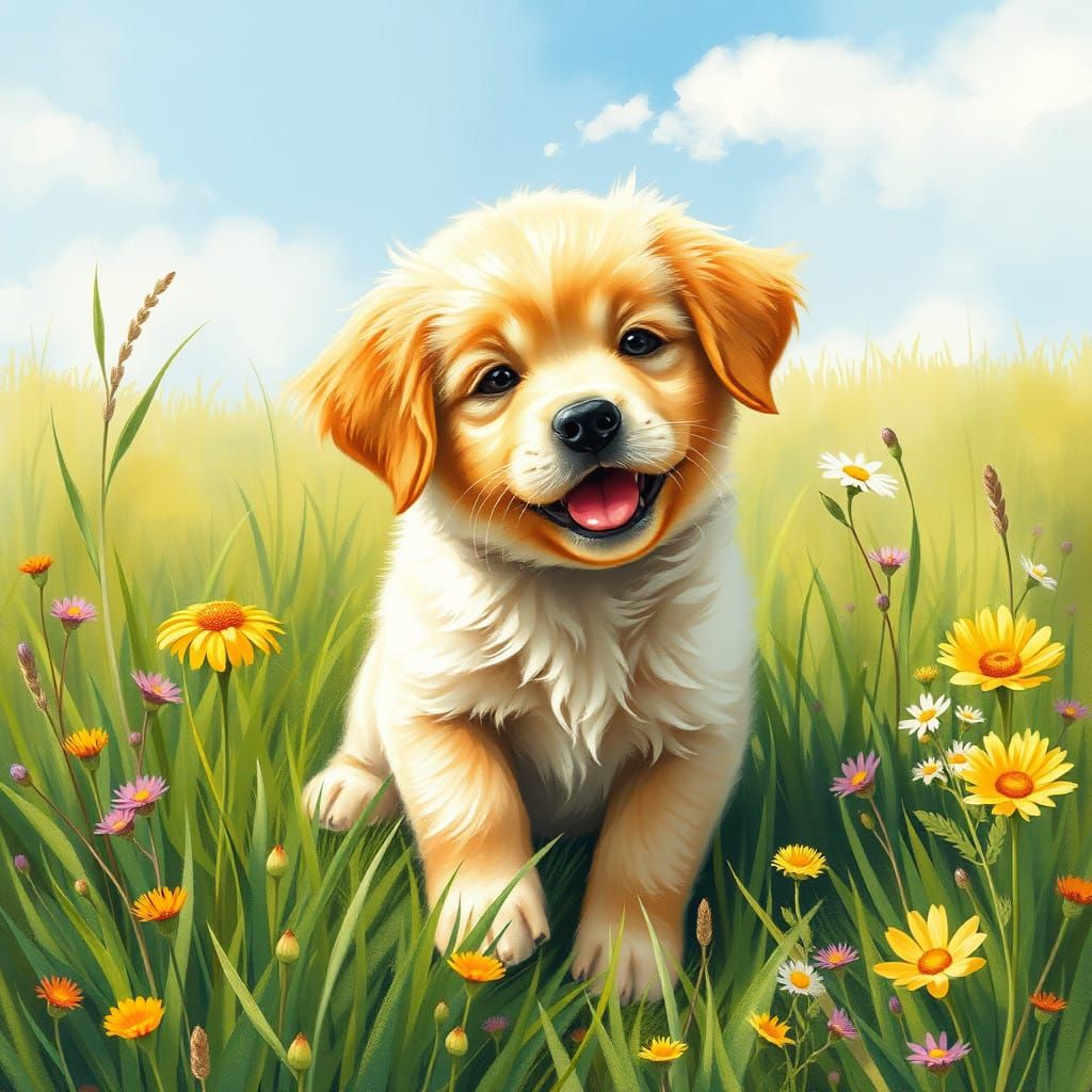 Whimsical Golden Puppy in Sunlit Meadow