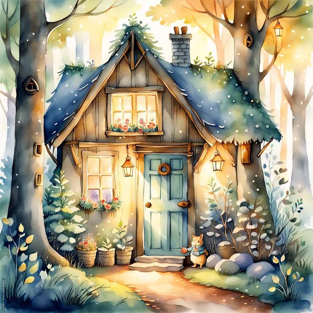 Cozy Fantasy House in Forest: Watercolor Sketch