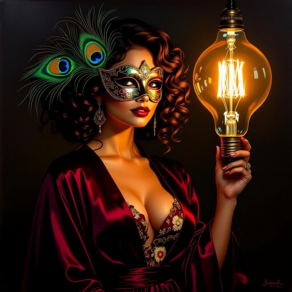 Mysterious Woman in Venetian Mask by Glowing Light Bulb
