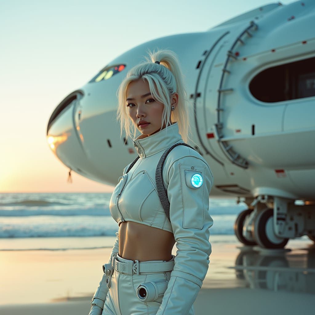 Futuristic Astronaut on White Sand Beach