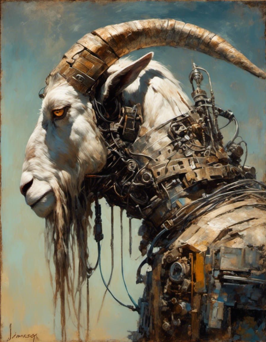 Robotic Goat Humanoid Profile in Sci-Fi Oil Painting