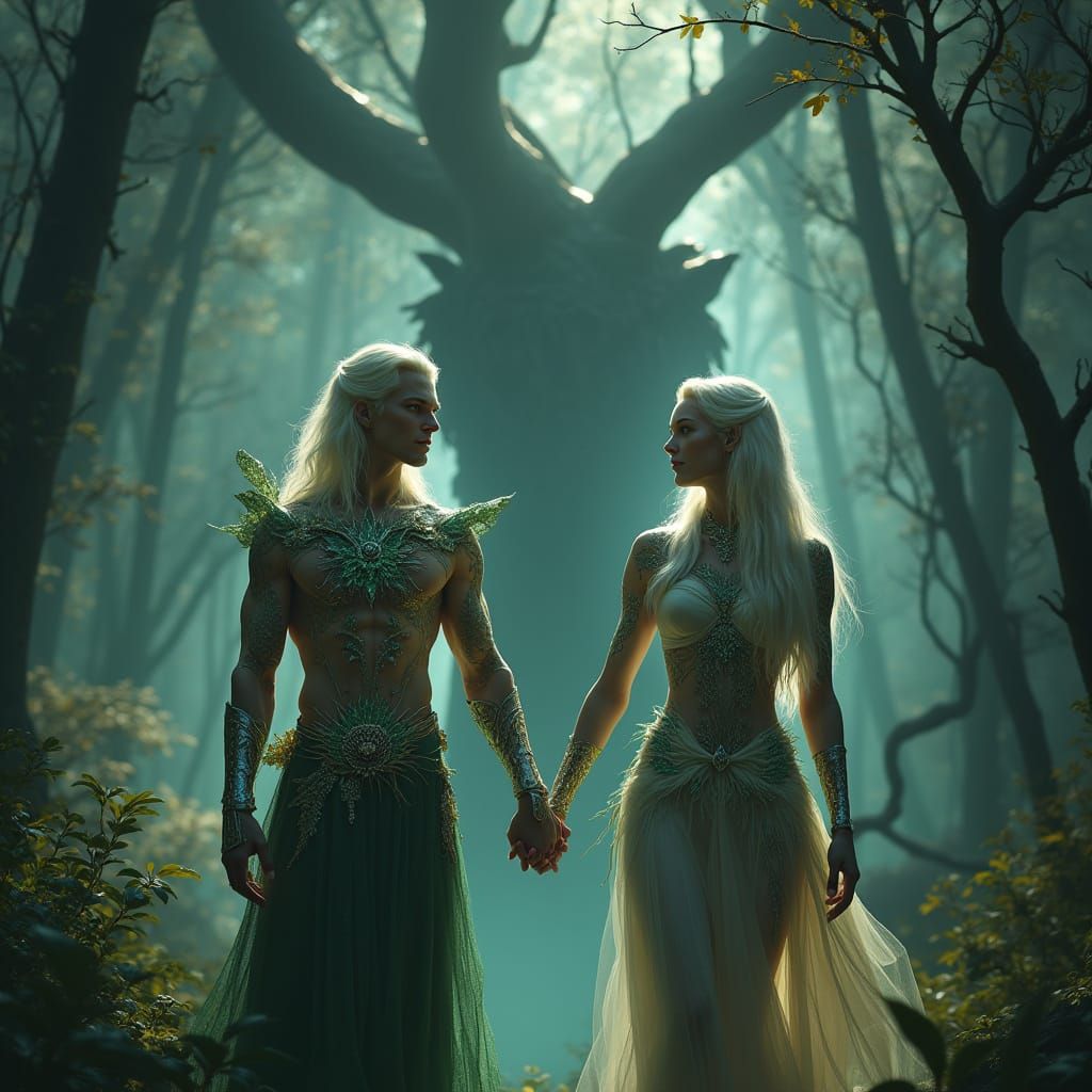Elven God Couple Standing in Ancient Forest, Hand in Hand
