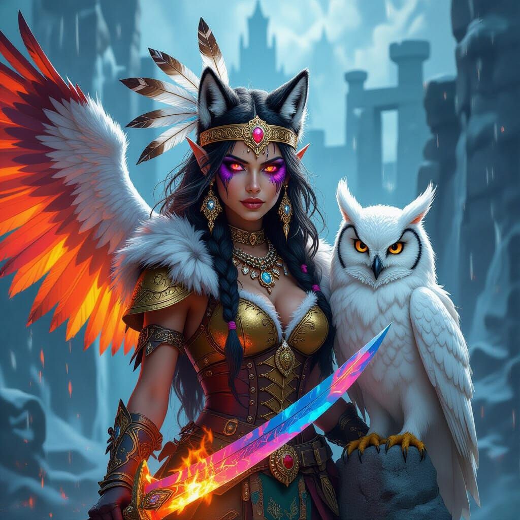 She-Wolf Goddess with Fiery Wings and Ice Castle Background
