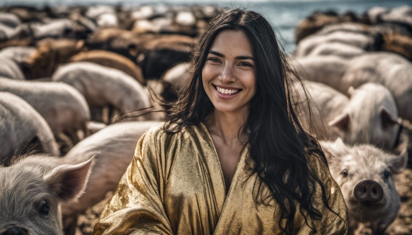 Woman's Selfie on Greek Island with Pigs